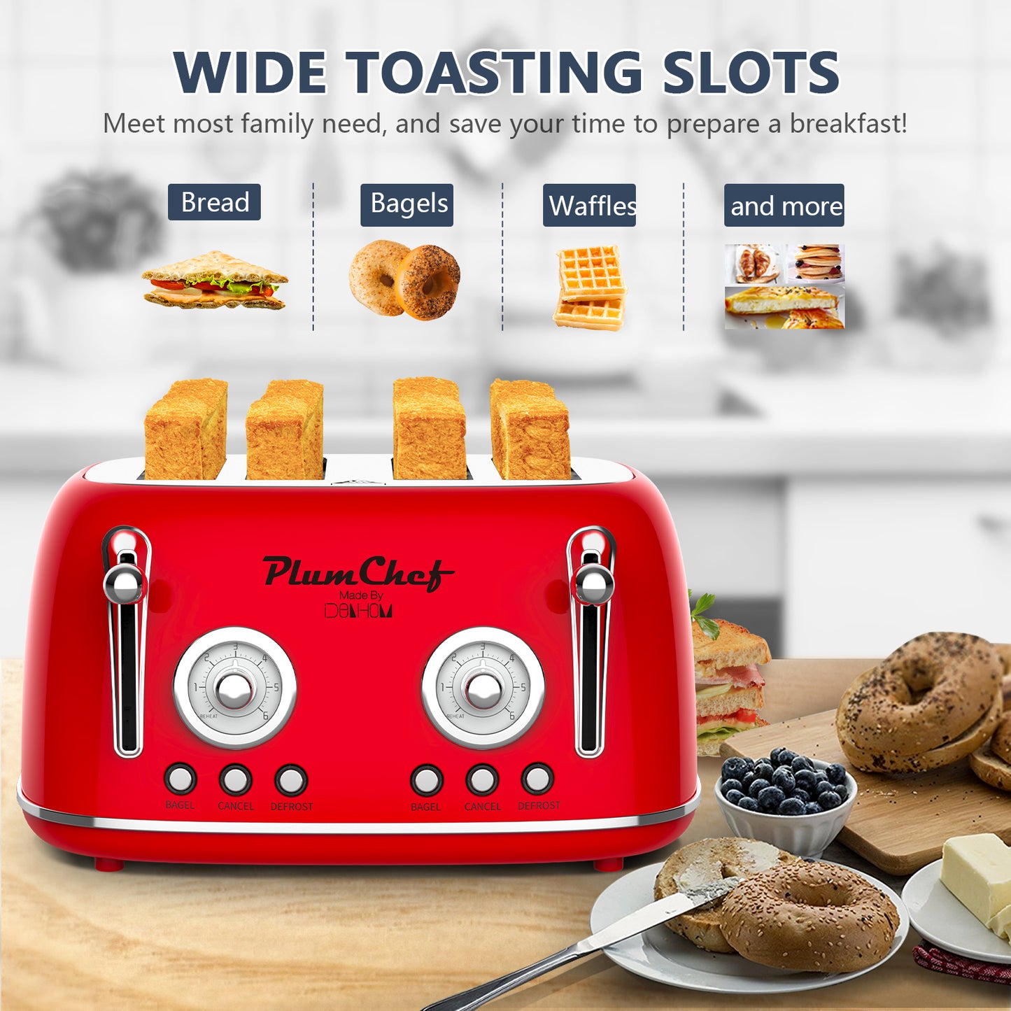 4-Slice Retro Toaster with Dual Control & 6 Browning Settings - Red