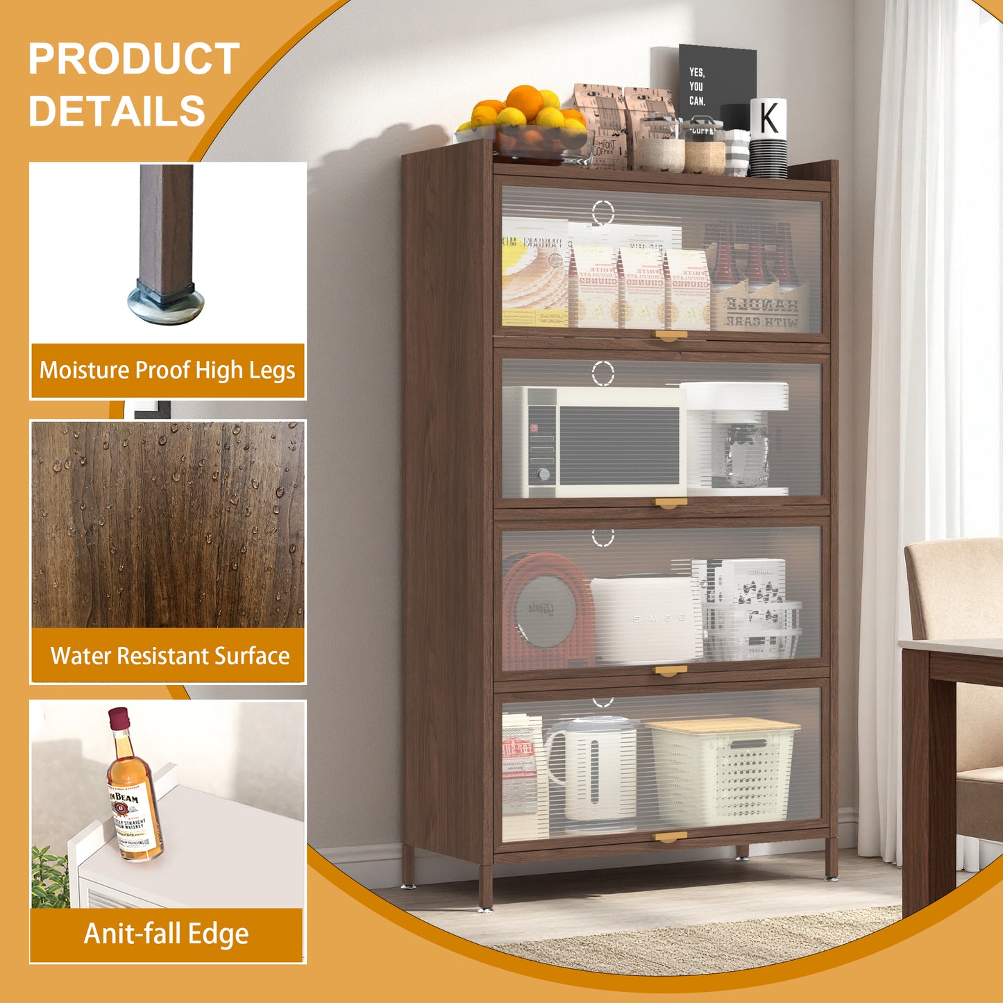 57'' Tall Metal 4-Door Storage Cabinet - Walnut