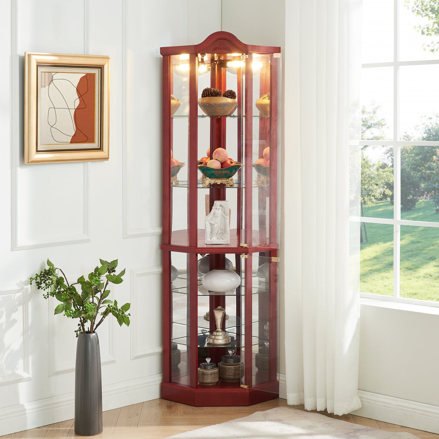 Glass Cabinet Lighted Corner Display Curio Cabinet, With Light