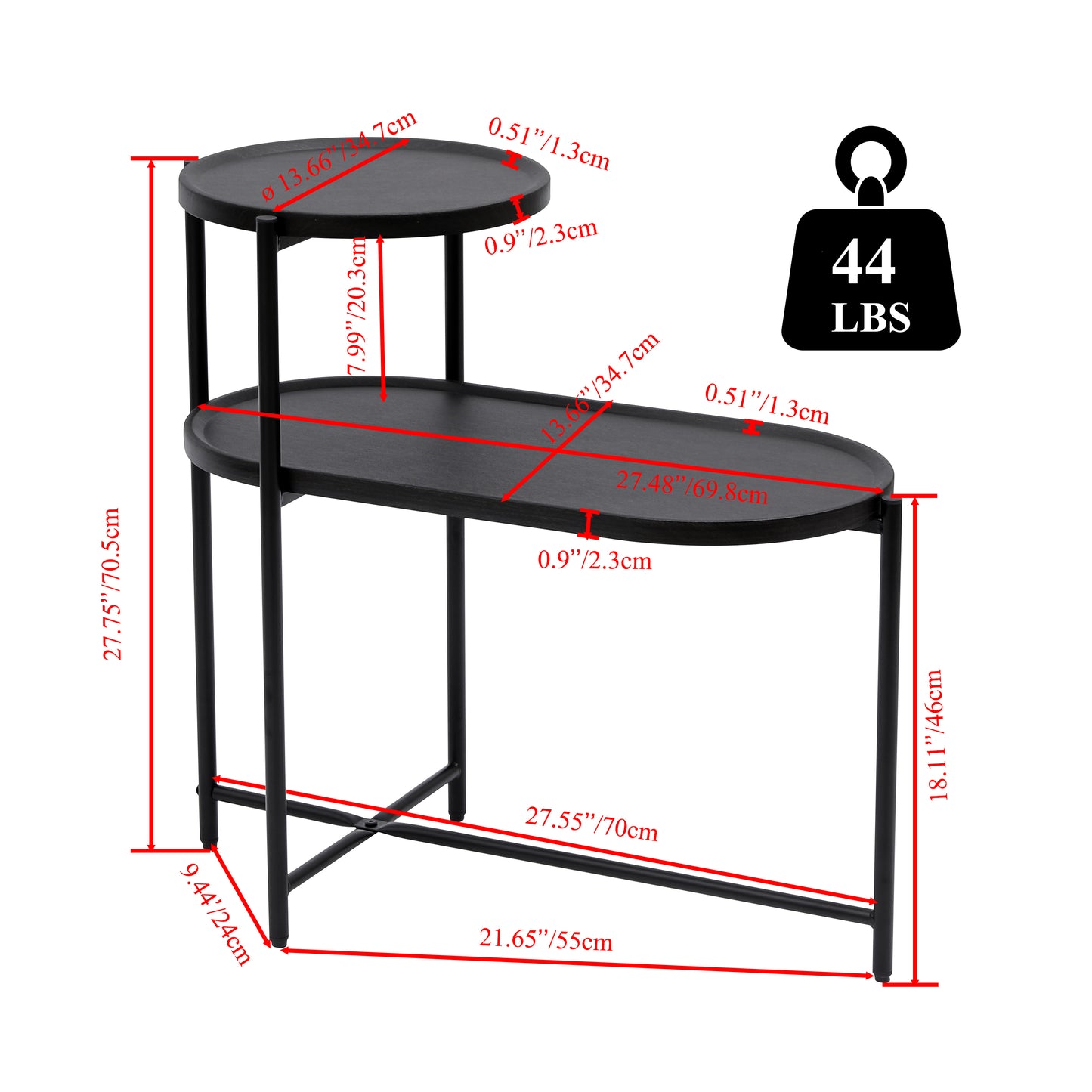 Round Coffee Table with Storage Tray - 2 Tier Black End Table