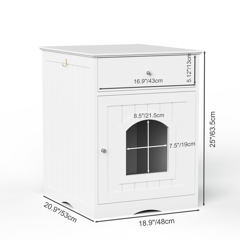 White Wooden Cat Litter Box Enclosure with Drawer & Side Table – Indoor Pet Nightstand
