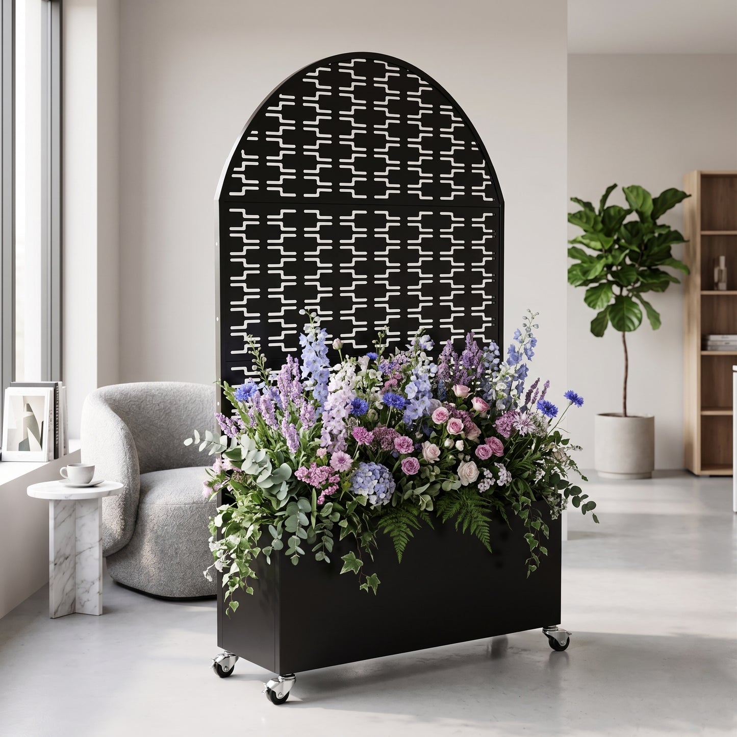 Arched Decorative Privacy Screen with Planter Box - Black