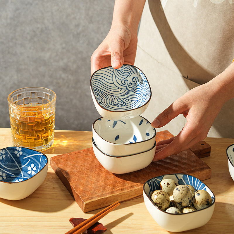 Porcelain Dipping Sauce Dish Set with Cherry Blossom Design - Small Square Plate for Kitchen & Restaurant Use