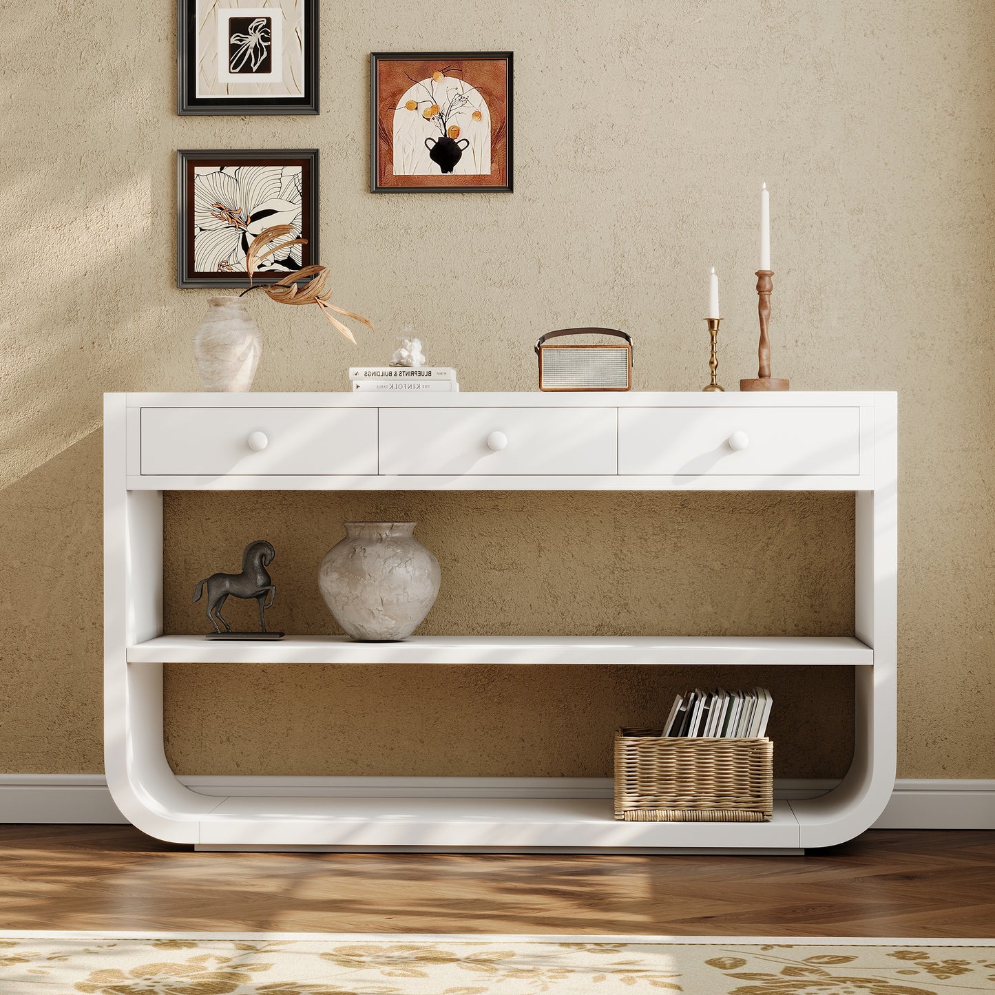Modern Curved Console Table with 3 Soft-Close Drawers & 2 Shelves - White
