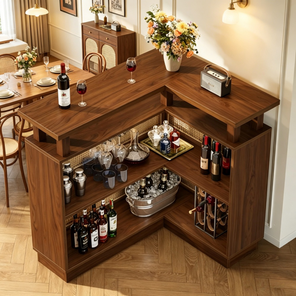 L-Shaped Rattan Bar Table with Storage - Vintage Brown