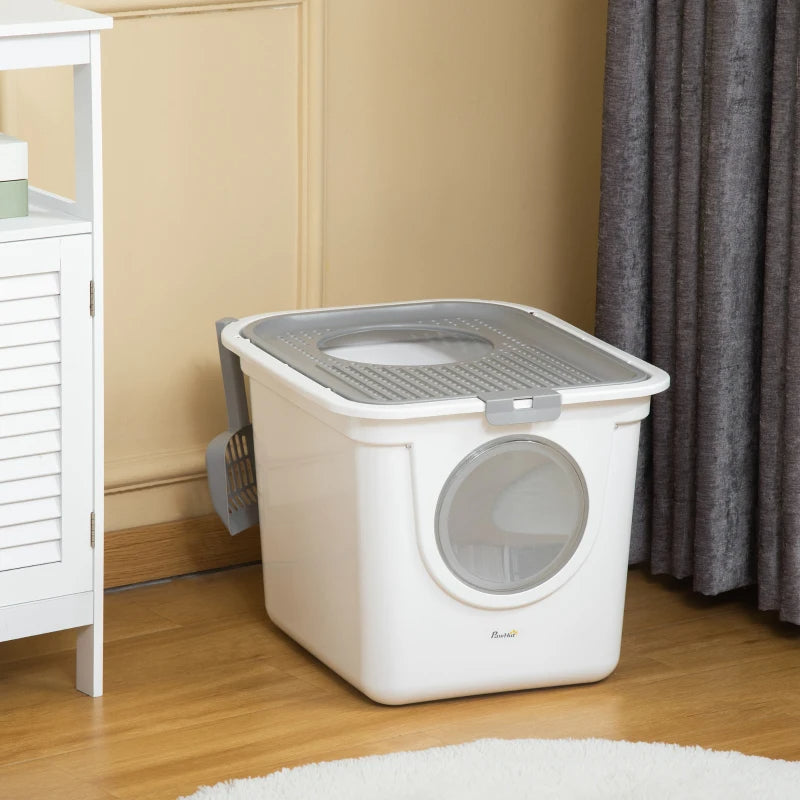 Covered Cat Litter Box with Front Entrance and Top Exit - Odor Control, Scoop, White