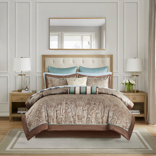 12-Piece Comforter Set with Cotton Bed Sheets - Blue & Brown Full