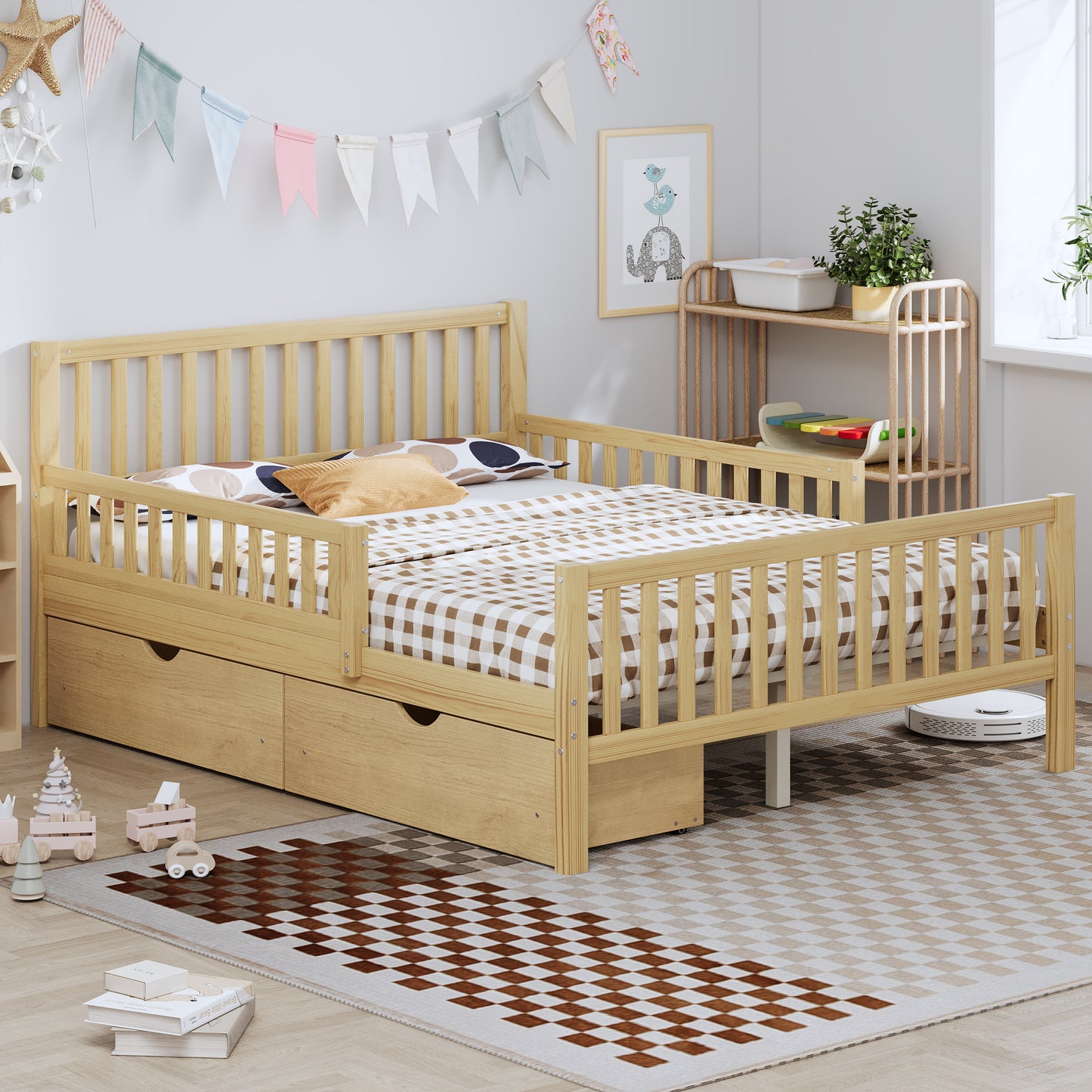 Full Size Wood Platform Bed With Guardrails On Both Sides And Two