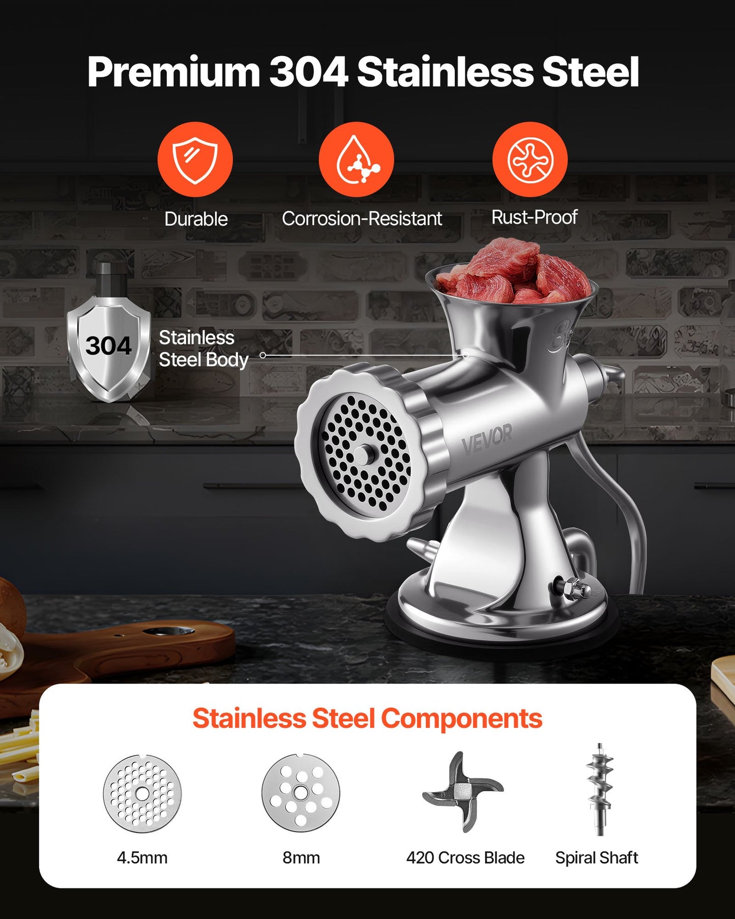 Manual Meat Grinder - Stainless Steel Hand Mincer with Suction Cup and Table Clamp