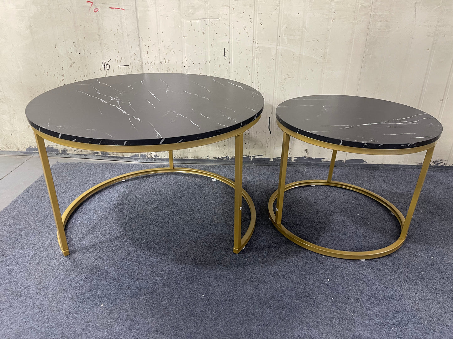 Nesting Coffee Table Set of 2 - Round Black+Gold Marble Top