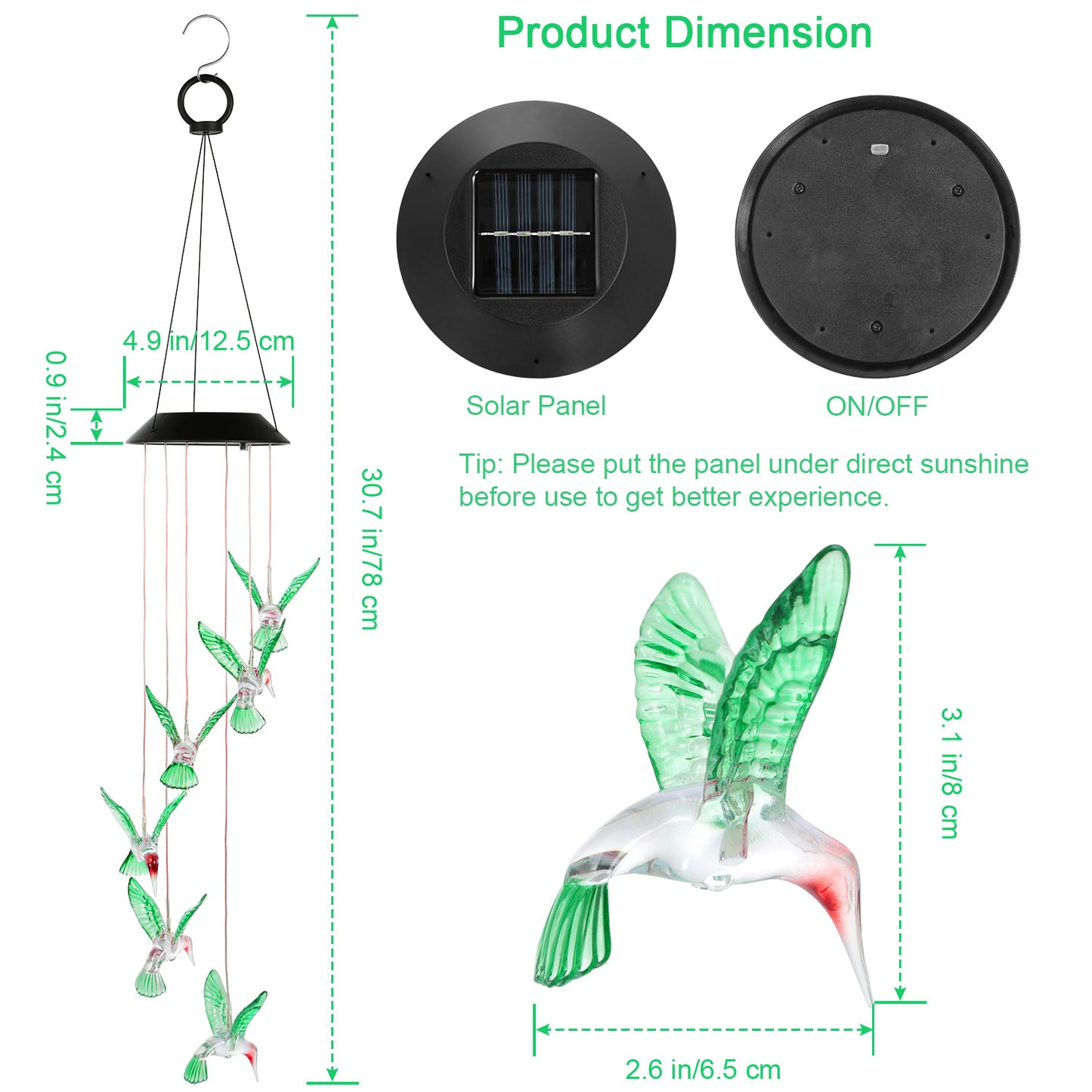 Solar Hummingbird Wind Chime with Color-Changing LED String Lights - Waterproof Garden Decor