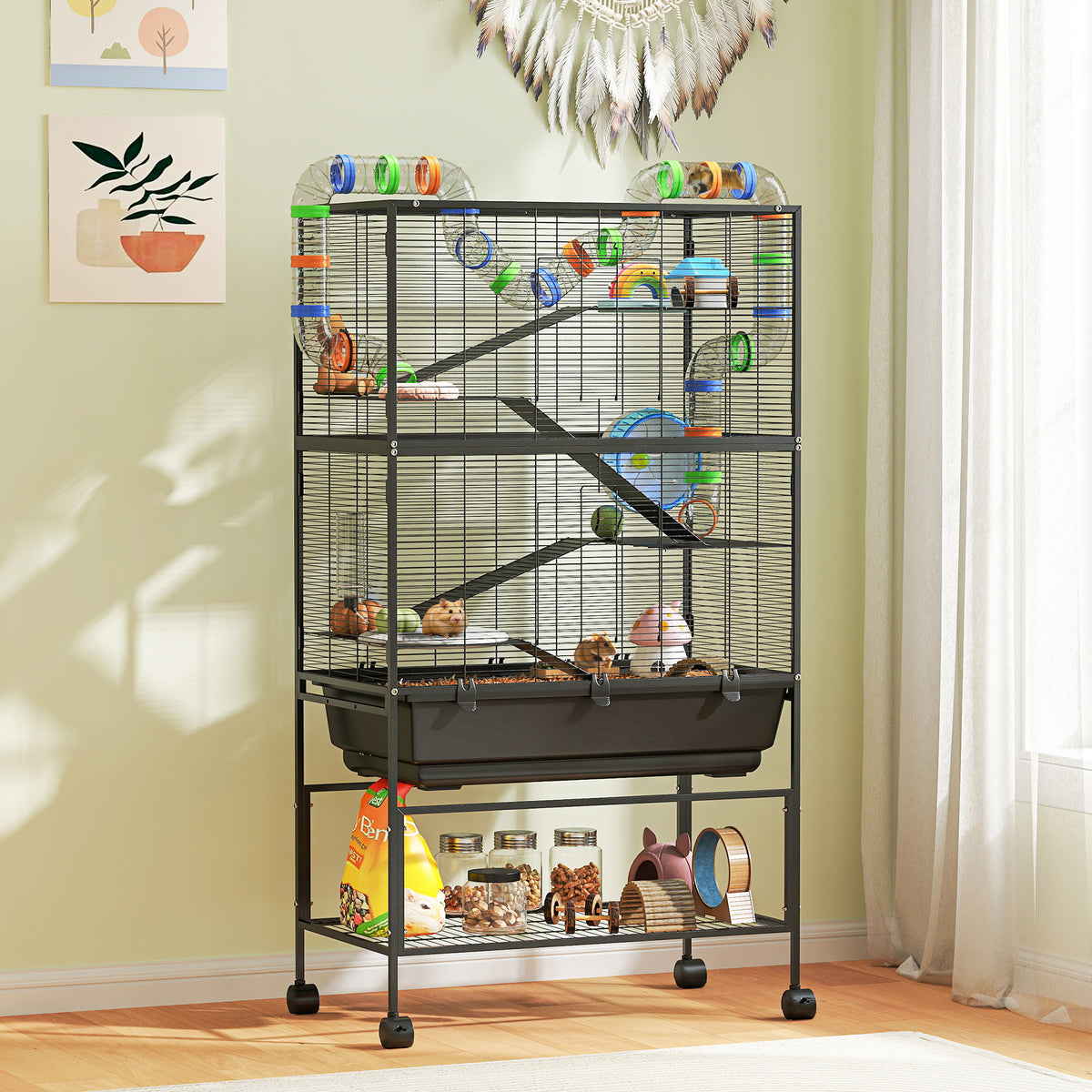 5-Tier Hamster Cage with Deep Tray & Exercise Wheel, Rolling Steel Pet Habitat