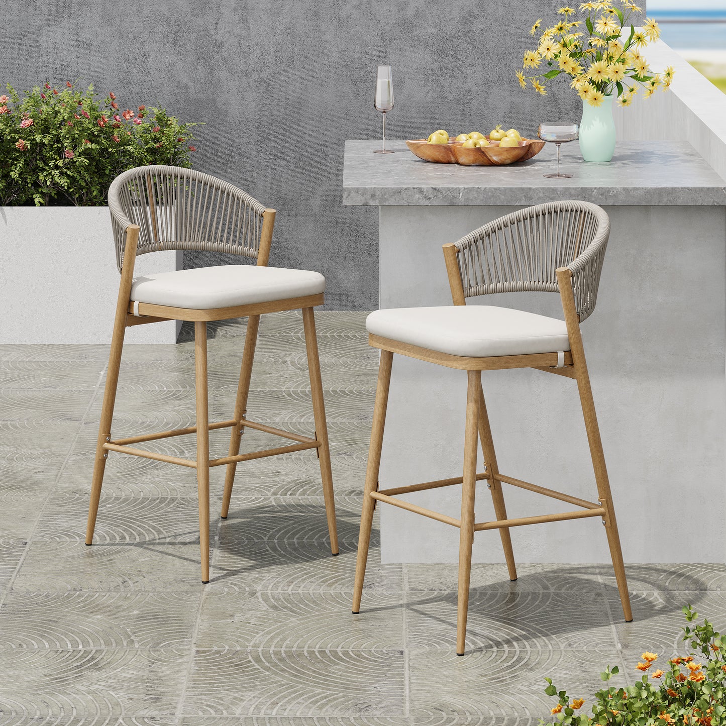 Outdoor 30.25 Seat Height Aluminum Frame Barstools With PE Rattan