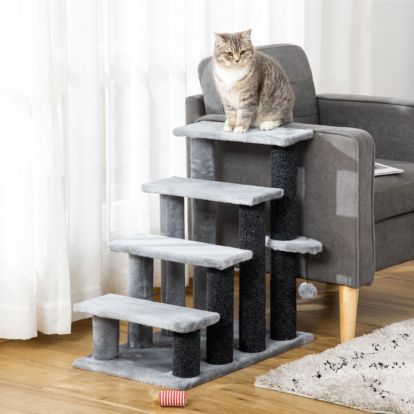 Cat Tree & Steps with Scratching Post for Indoor Outdoor Cats - Light Grey
