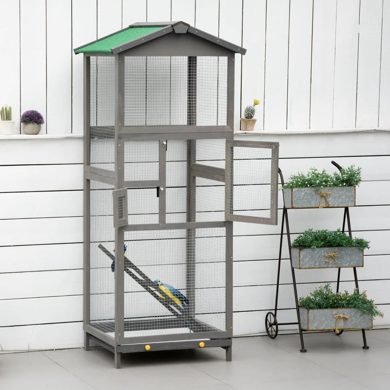 Outdoor Wooden Bird Cage for Parrots and Small Birds with Pull-Out Tray - Grey & Green