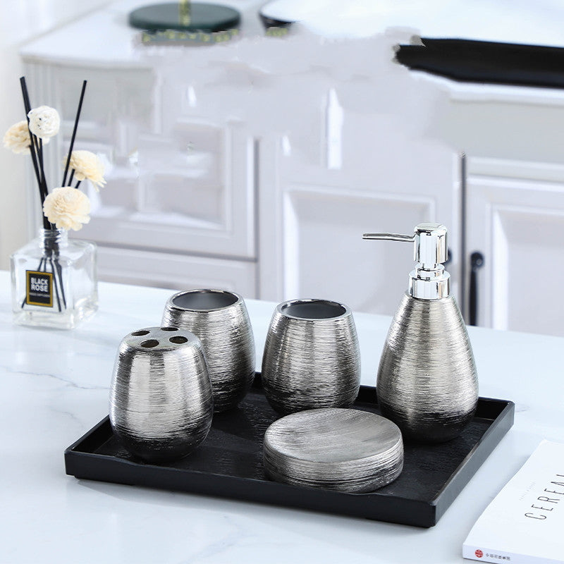 Handmade Vintage Ceramic Bathroom 5-Piece Set - Brushed Silver Finish