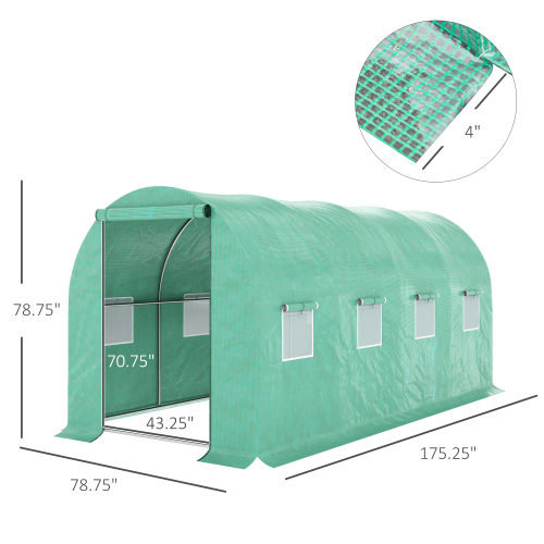 Walk-In Greenhouse with Steel Frame & Polyethylene Cover - 15x7x6.5 ft, Green