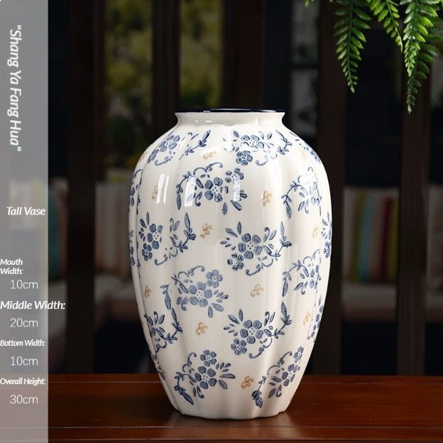 Blue and White Porcelain Ceramic Vase Set - Elegant Tall & Low Profile Vases