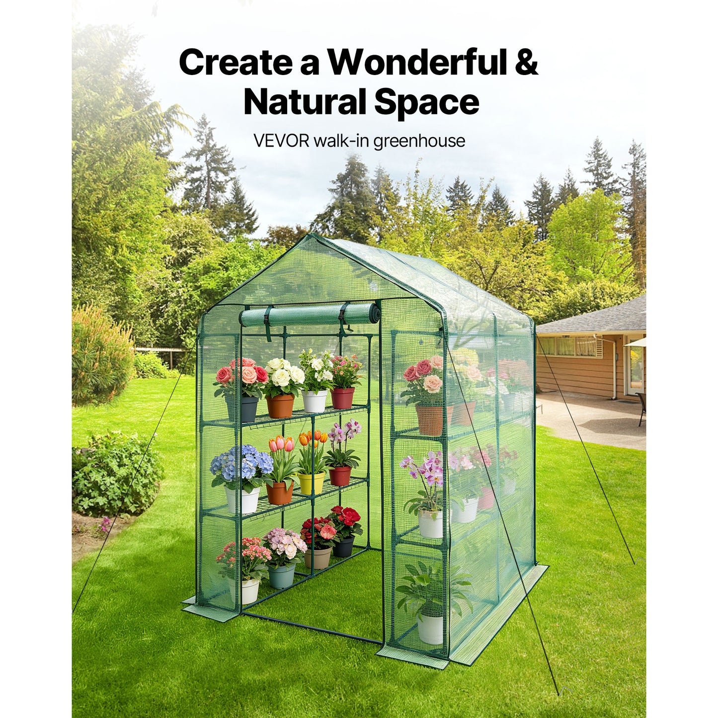 Walk-In Greenhouse with PE Cover, 2 Tiers, 8 Shelves, Roll-Up Door, Portable Garden Hot House