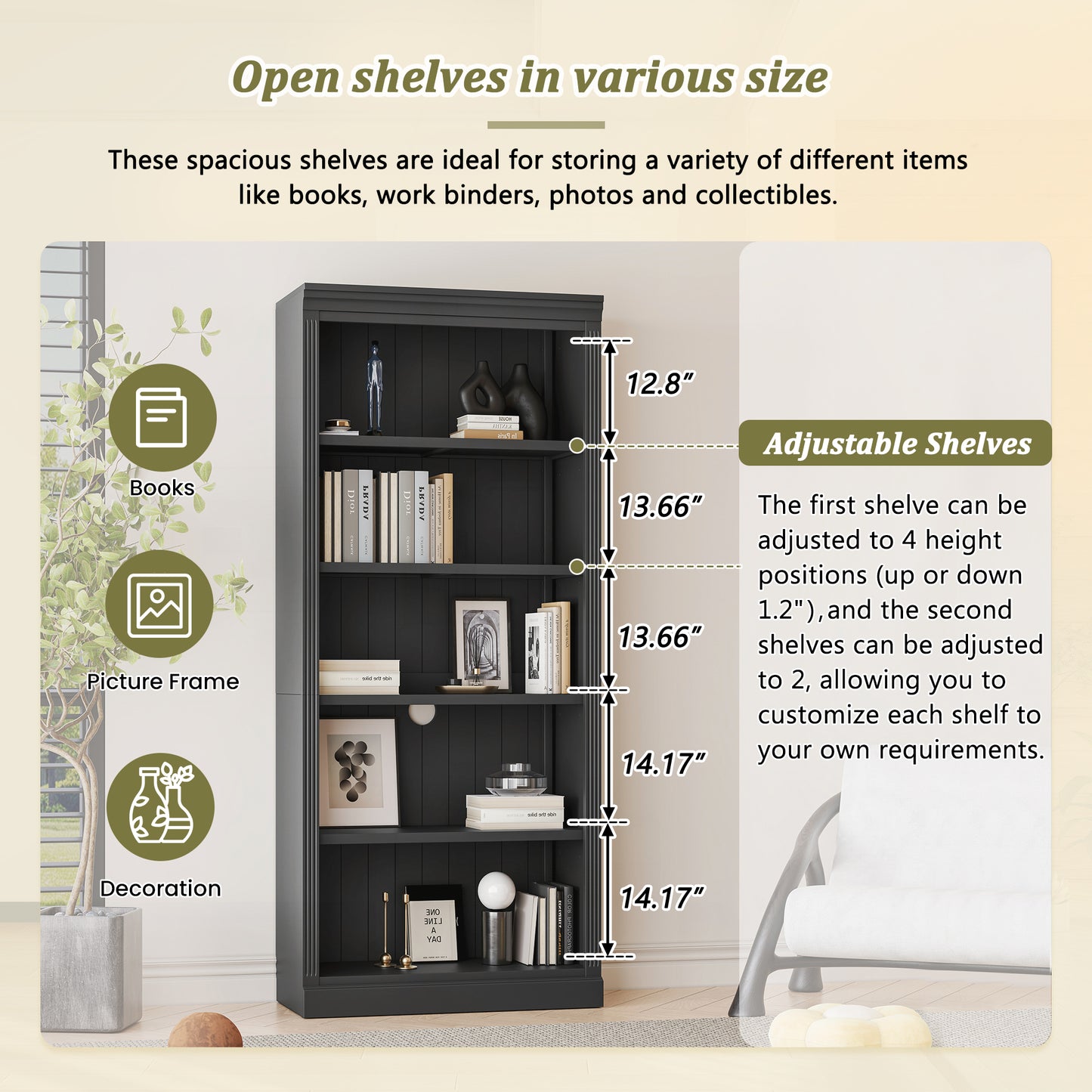 83.4 Tall Wood Bookcase With Light Strip,5-Tier Decor Bookshelves