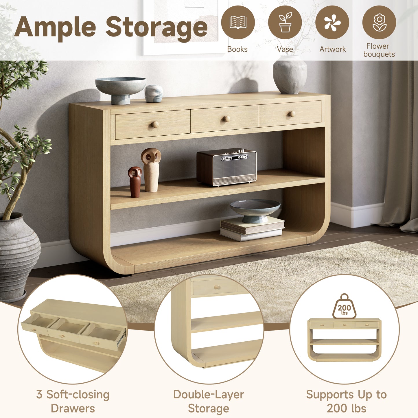 Modern Curved Console Table with 3 Drawers & Open Shelves - Natural
