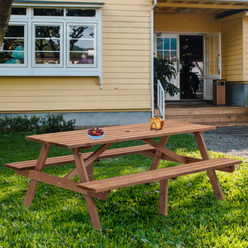 8-Person Brown Wooden Picnic Table with Benches - 2220lb Capacity