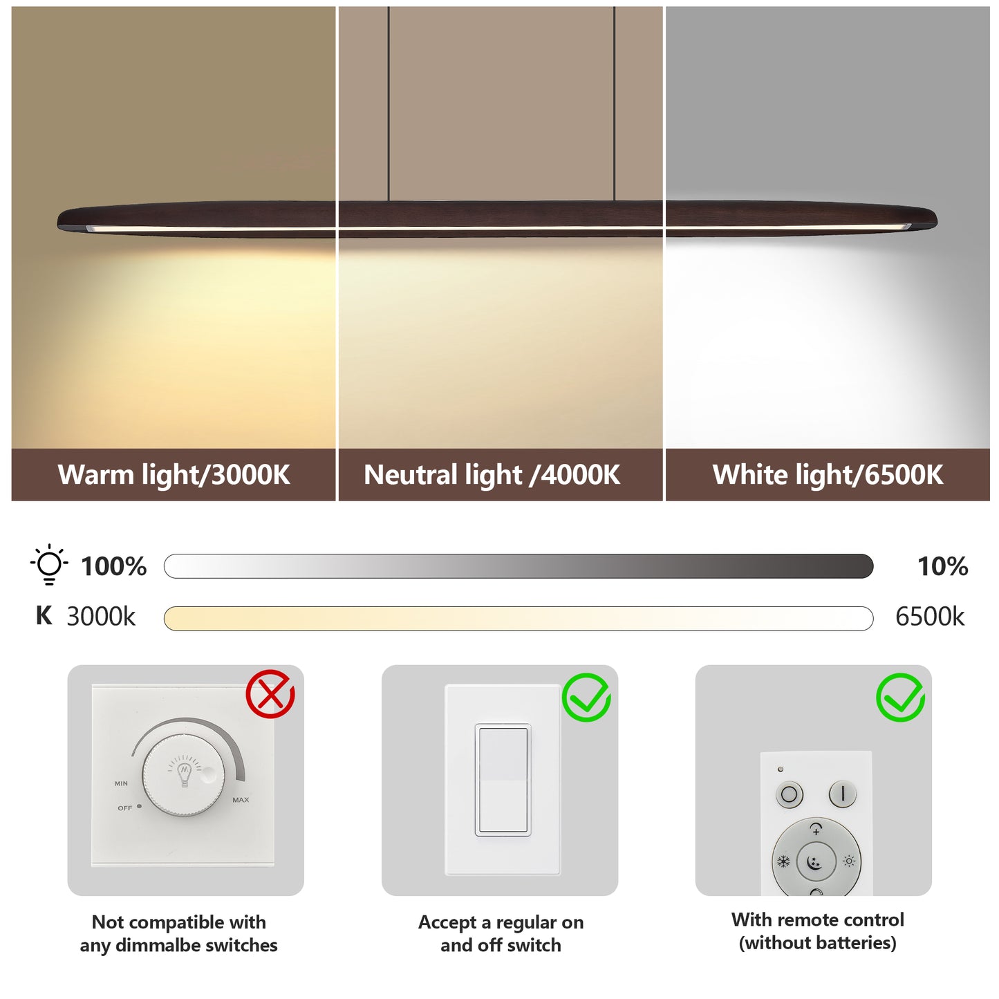 51-Inch LED Pendant Light with Remote Control - Walnut Finish
