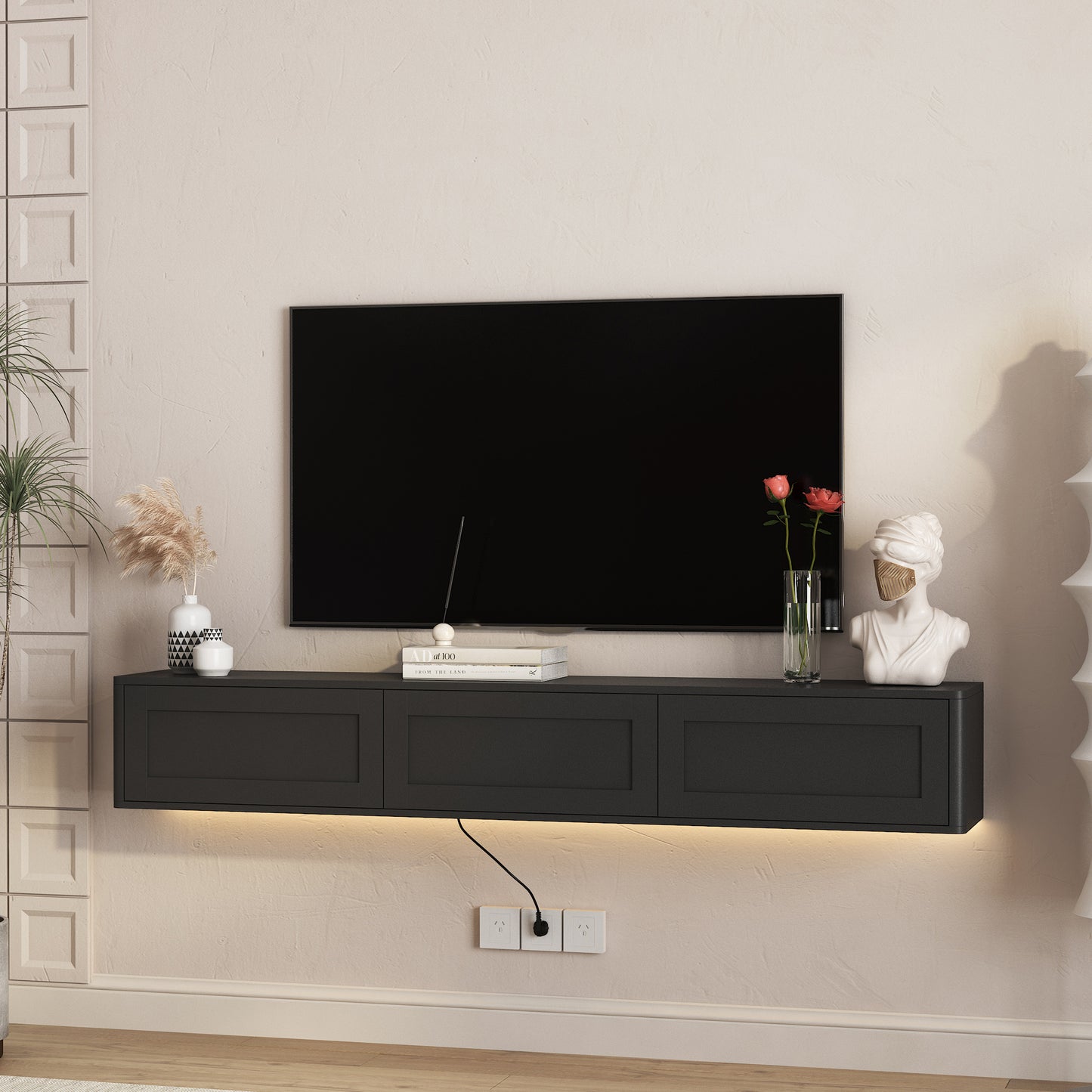 Wall Mounted Floating TV Stand with LED Lights & Power Outlet - Black