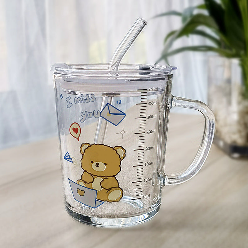Minimalist Cartoon Glass Water Cup with Straw - Heat-Resistant, 400ML