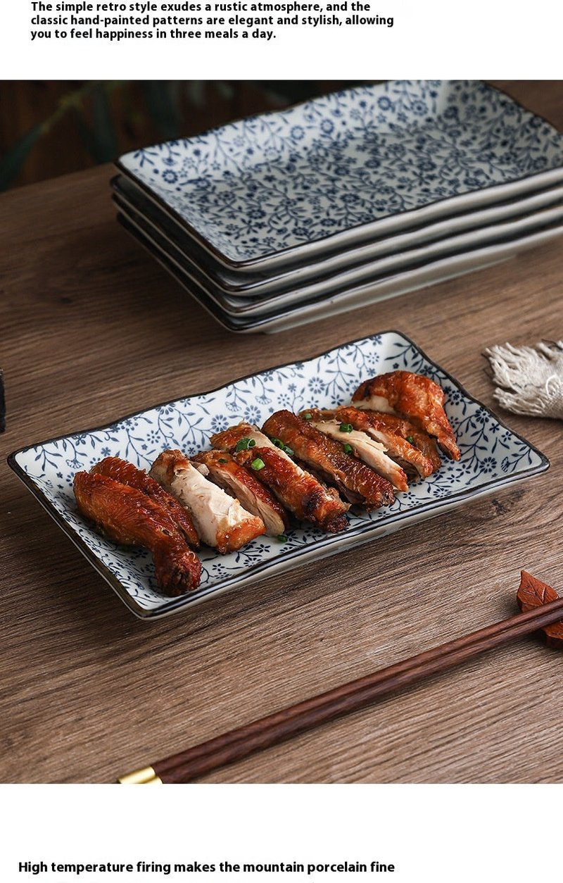 Ceramic Rectangular Plate Set - Antique Under-Glaze Dinnerware for Kitchen