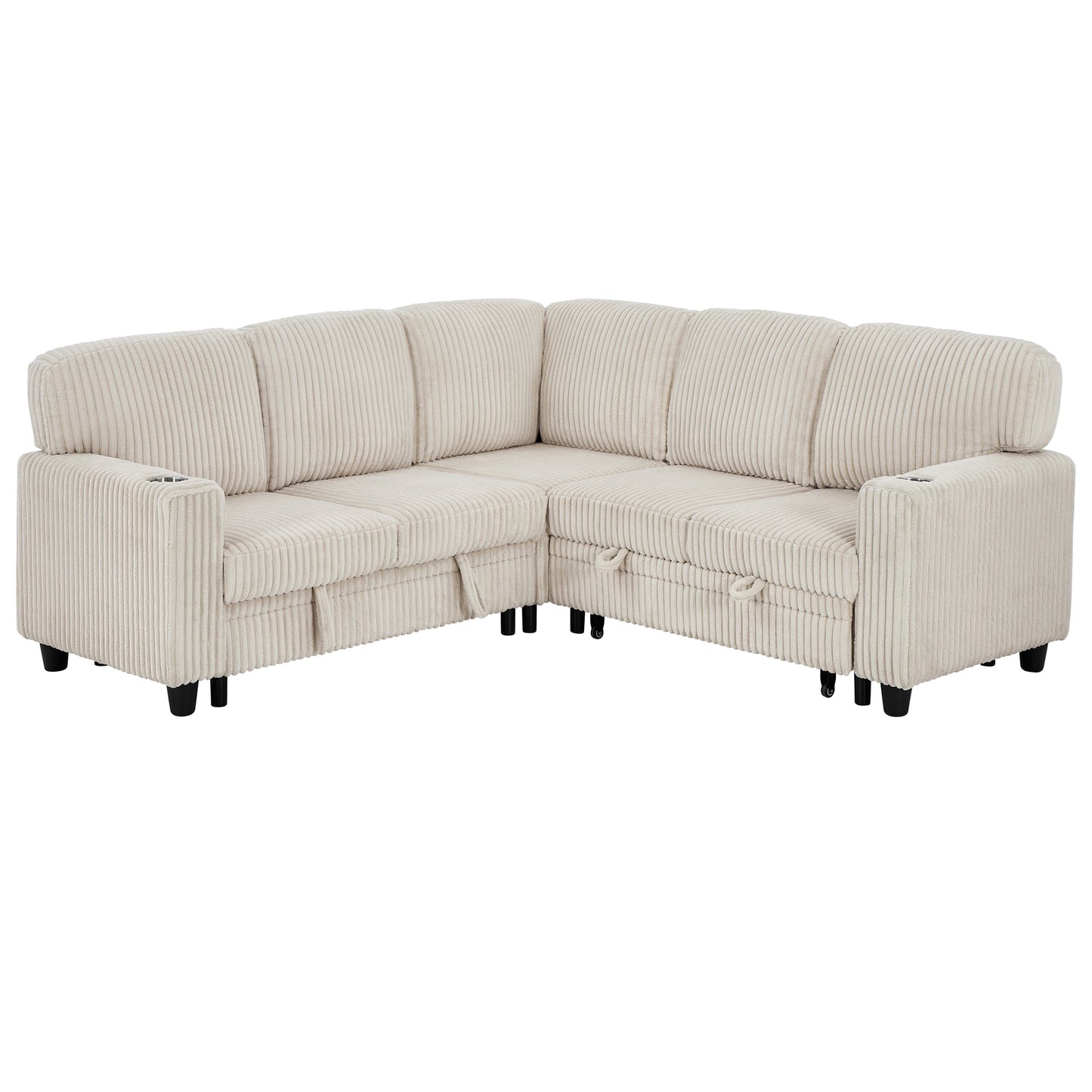 L-Shaped Sectional Sofa Bed with USB Charging & Storage - Beige