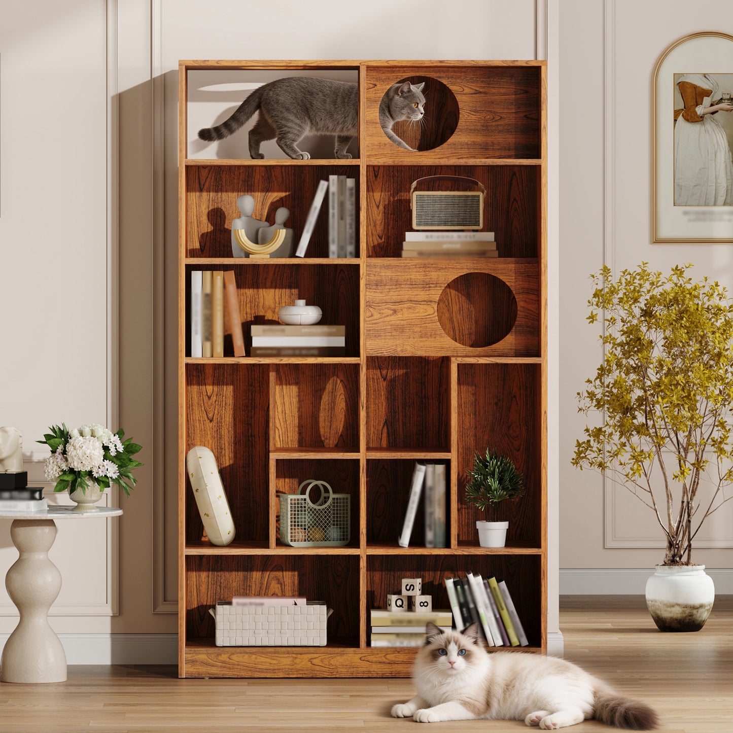 Modern 2 IN 1 Wood Bookshelf Cat House, Tree Display Case With