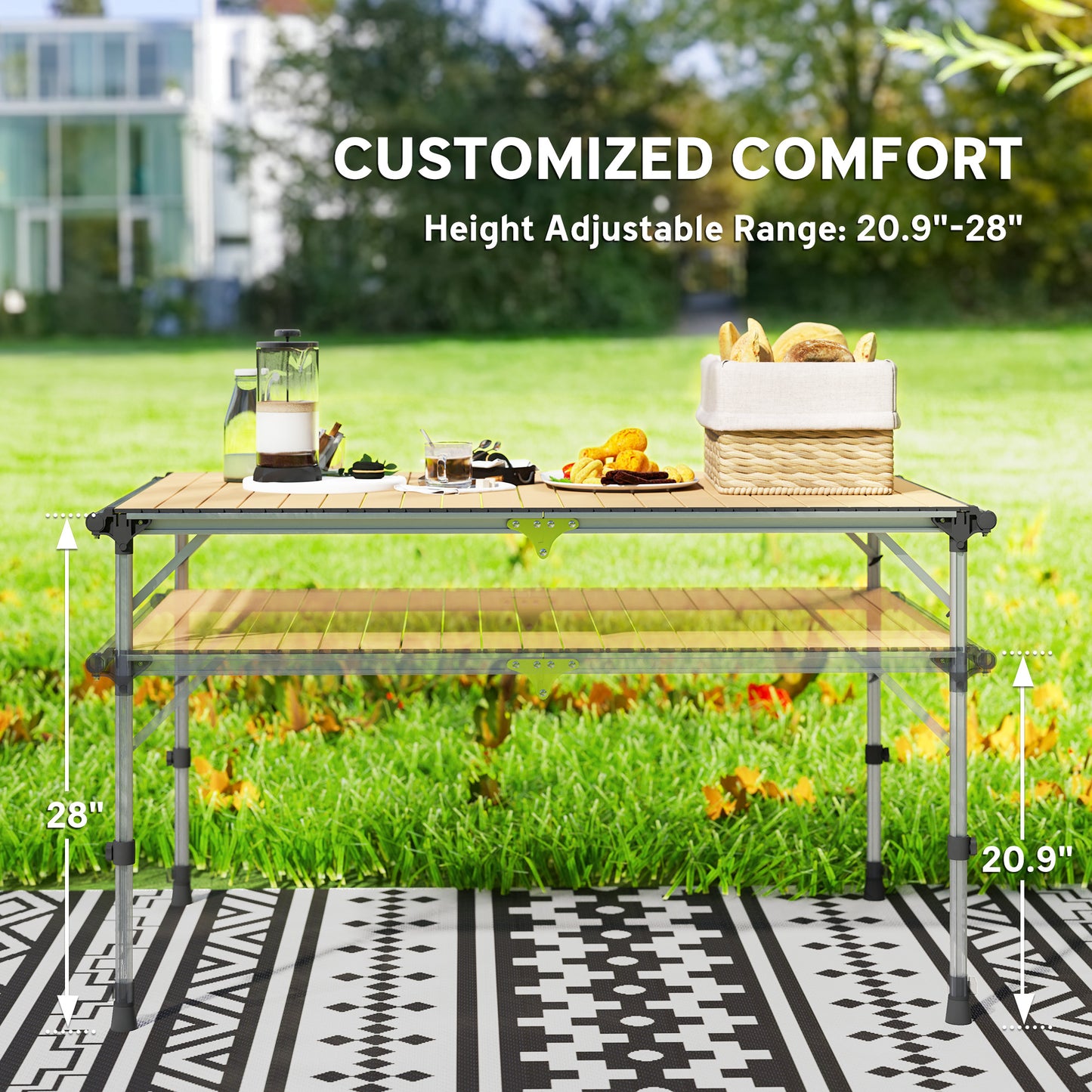 Adjustable Folding Camping Table - Portable Aluminum Picnic Table