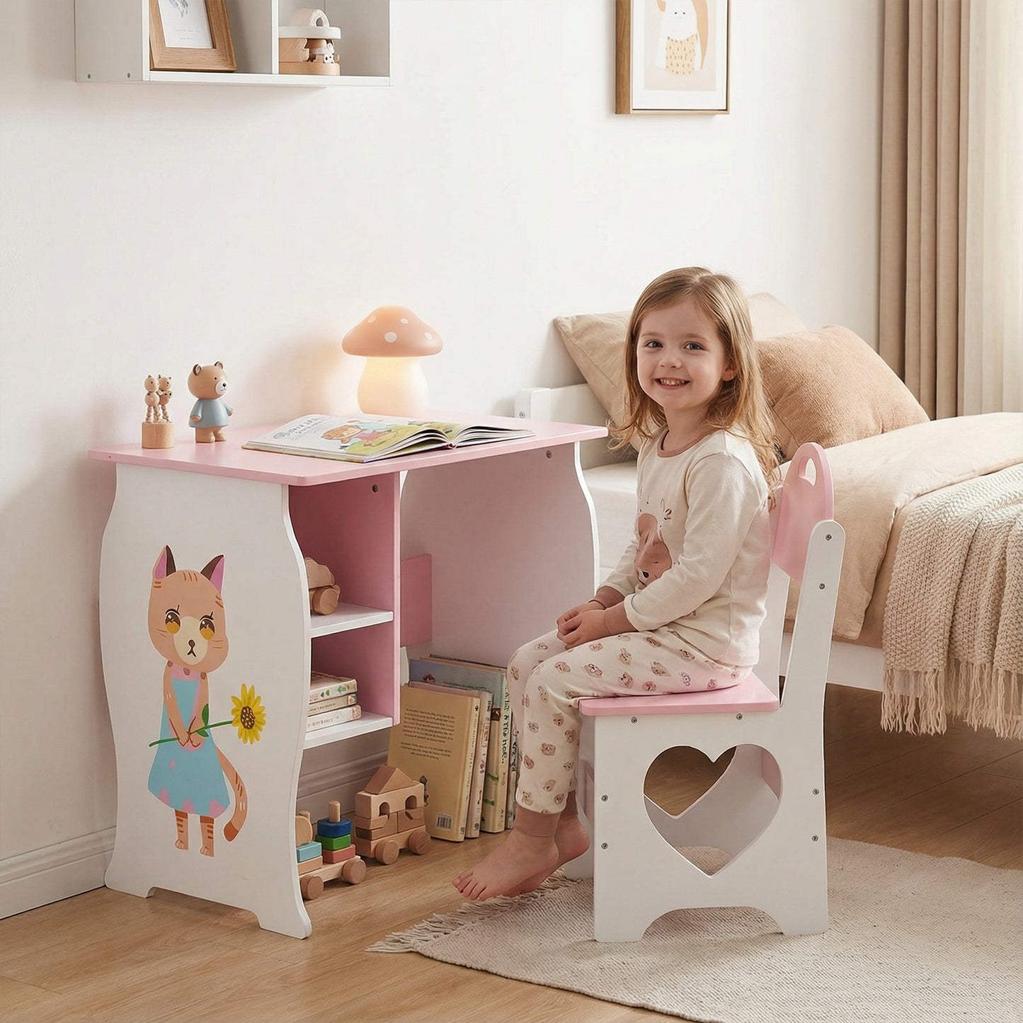 Kids Desk And Chair Set Children Study With Storage Shelf Wooden