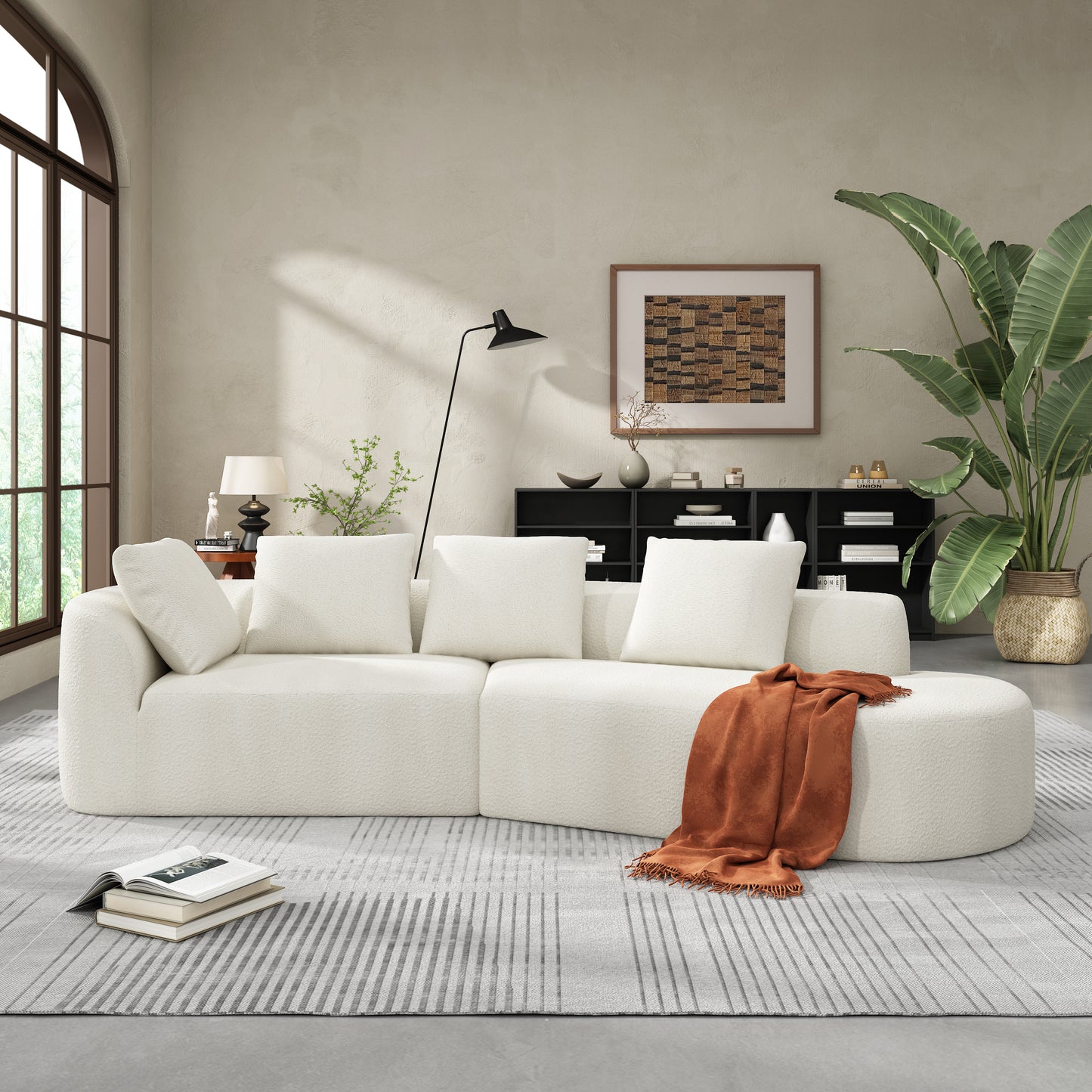 116" Modern Curved Sectional Sofa - Beige Upholstery, 2-Piece Set
