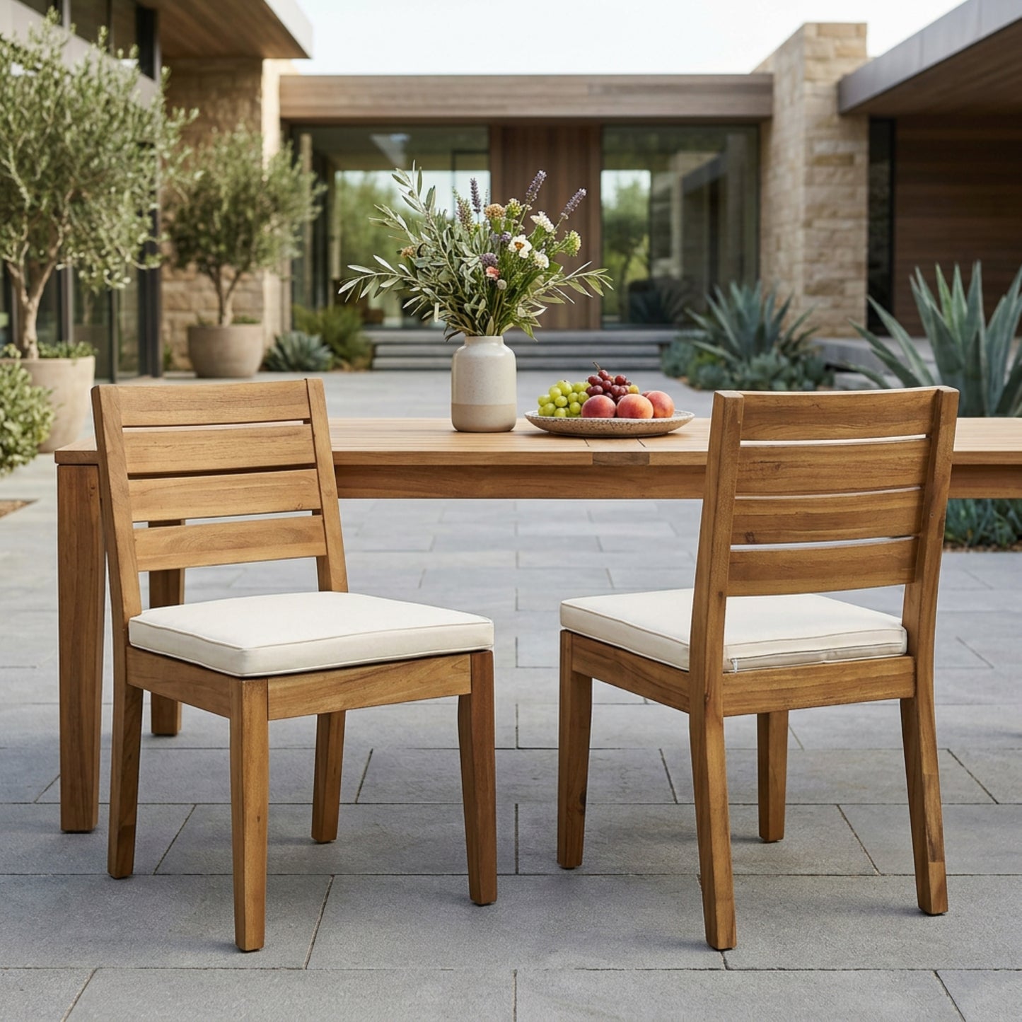 Outdoor Armless Dining Chairs with Cushions - Set of 2, Natural Beige
