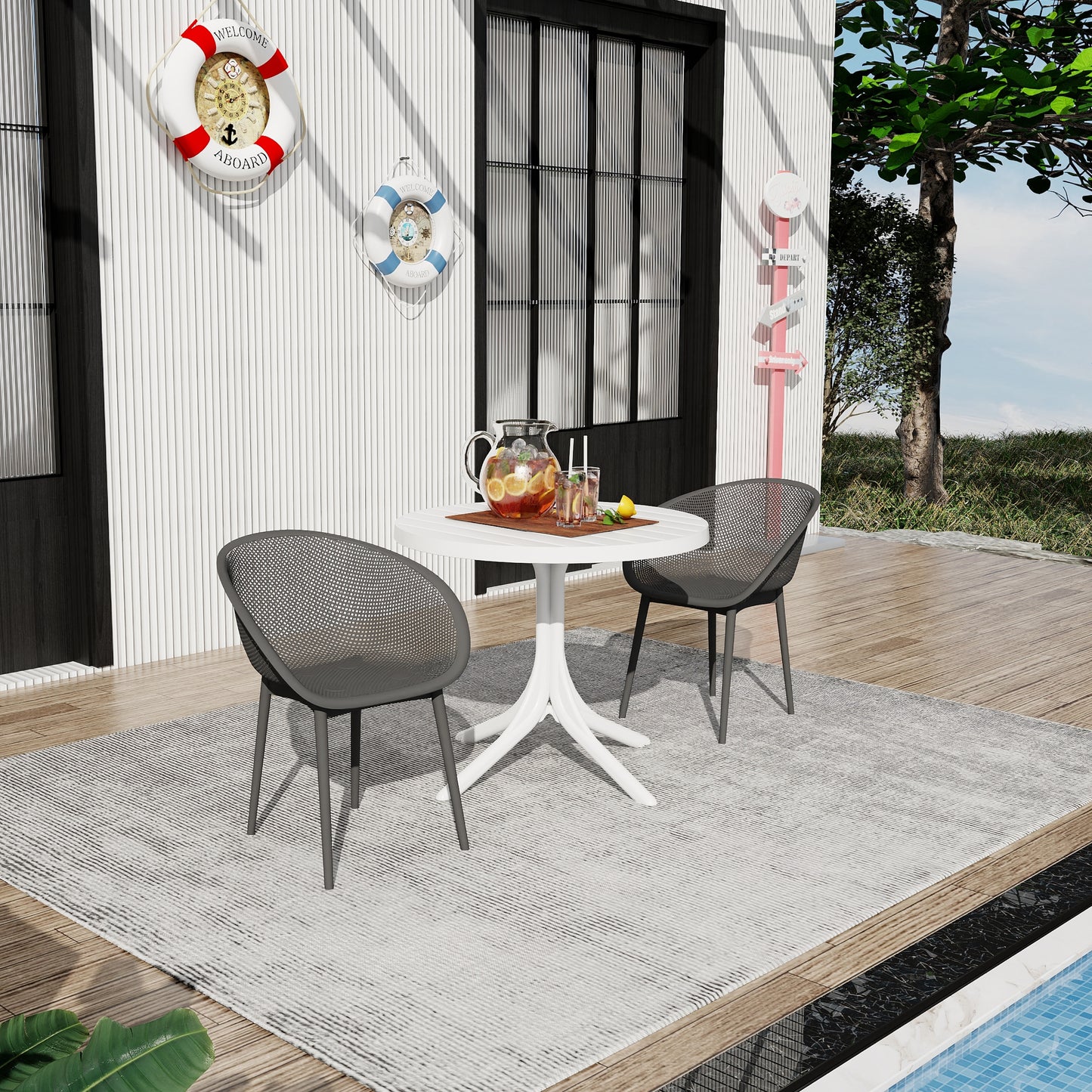 Modern Lounge Chairs with Round Table - Warm Grey & White