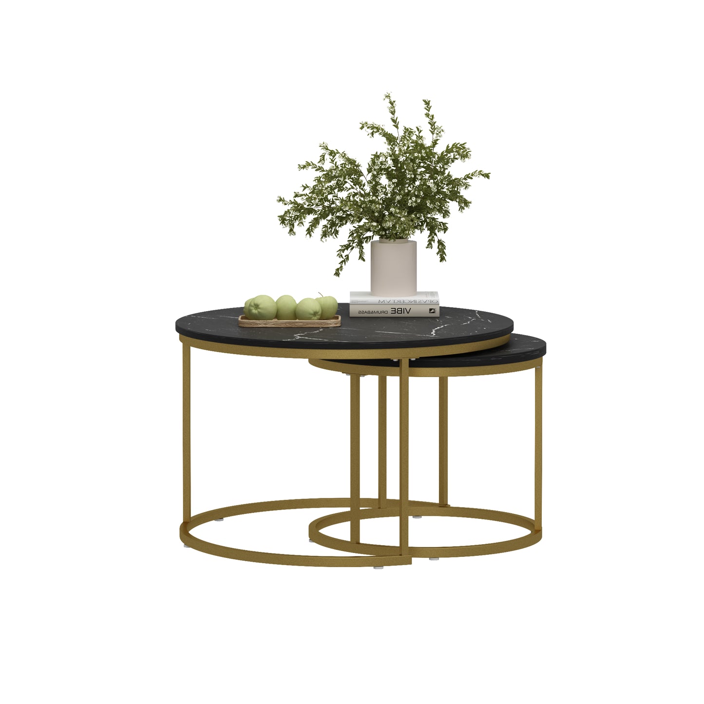 Nesting Coffee Table Set of 2 - Round Black+Gold Marble Top