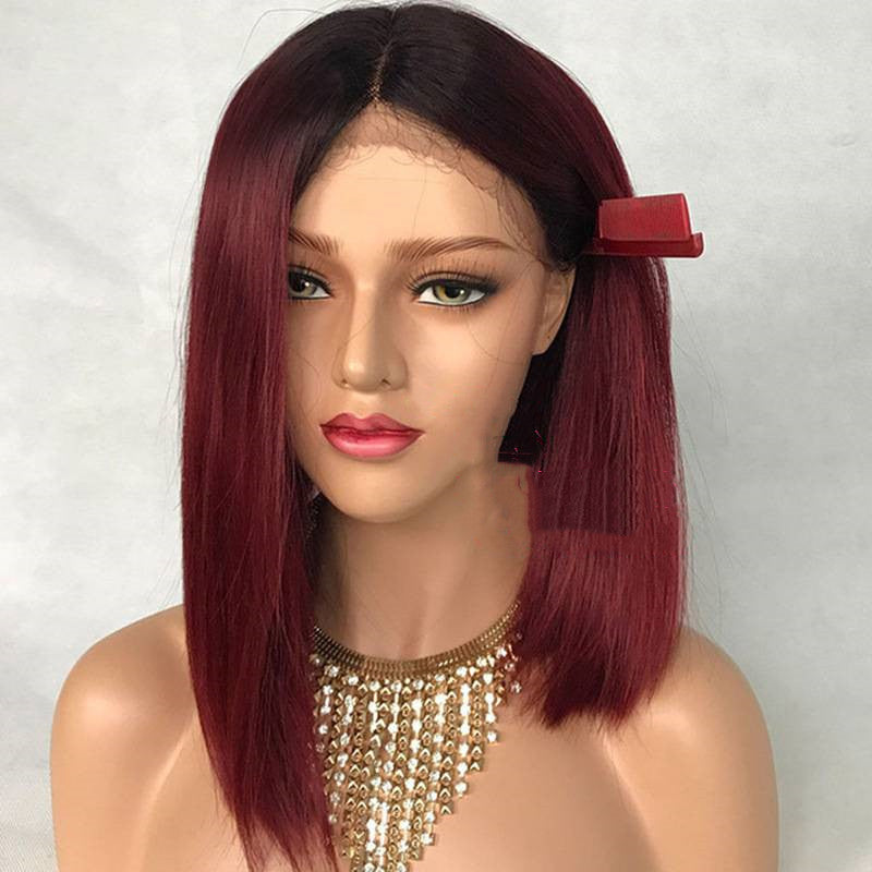 Red Water Wave Peruvian Human Hair Lace Front Wig 16 Inch Short Style