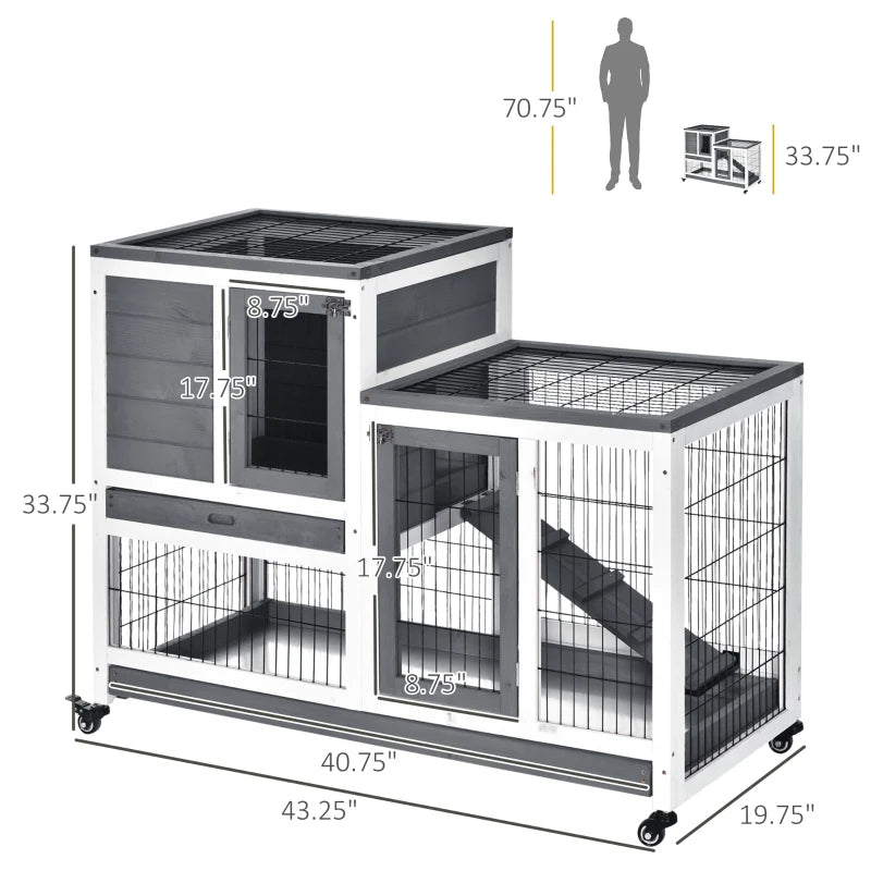 Wooden Rabbit Hutch with Enclosed Run & Wheels - Indoor Small Animal Cage