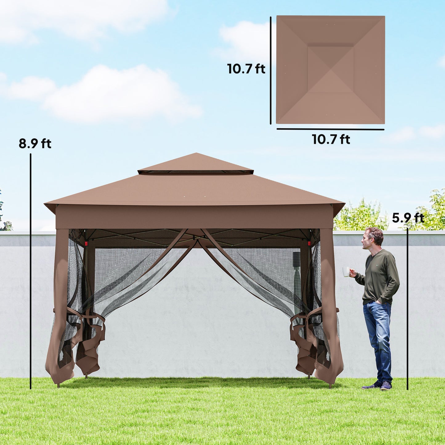 Pop Up Canopy Gazebo Shelter with Zipper Netting - Brown 11x11