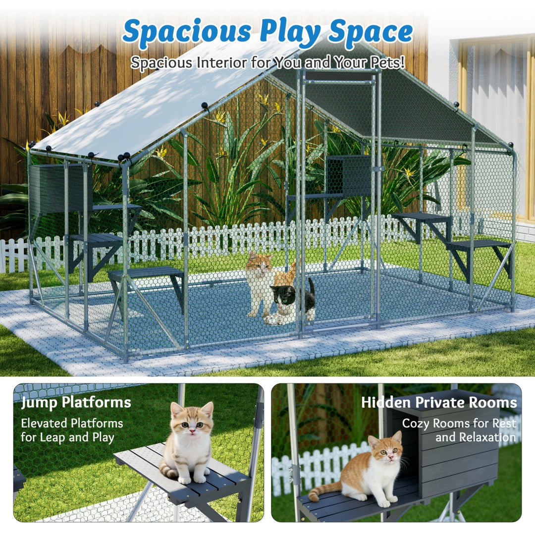 Outdoor Metal Cat Cage 3x2m with Solid Wood Platform Waterproof Tarp Safety Lock