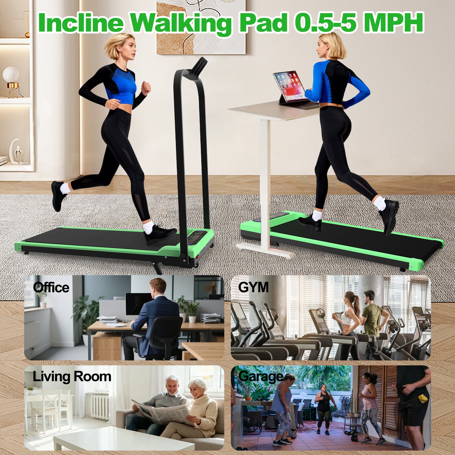 Portable Foldable Treadmill with Incline & Remote Control - Green
