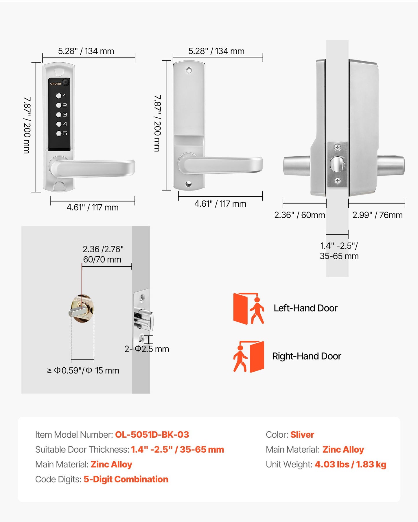 Mechanical Keyless Door Lock - 5-Digit Combination, No Batteries, Indoor & Outdoor Use - Black