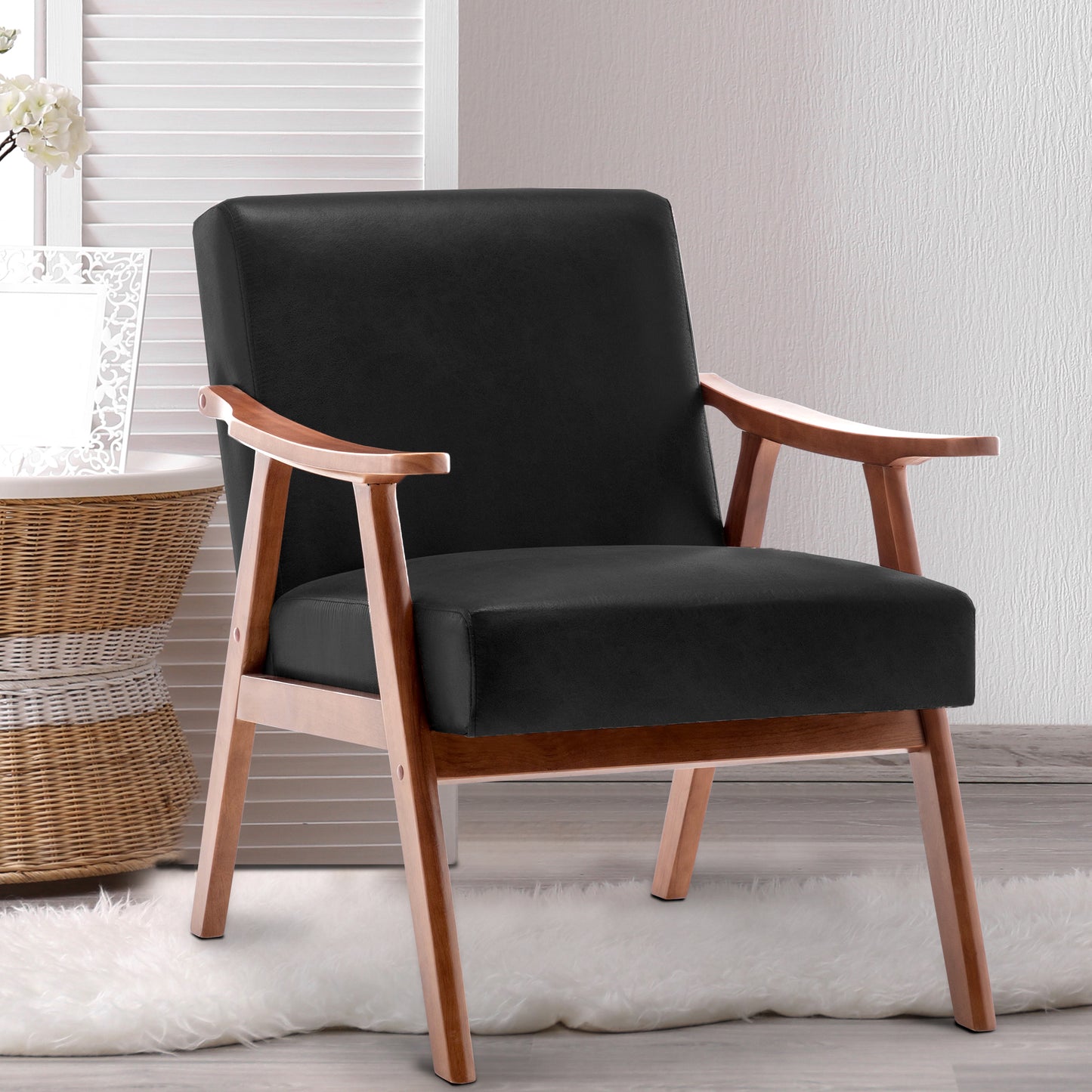 Mid-Century Modern Accent Chair with Solid Wood Frame - Black PU
