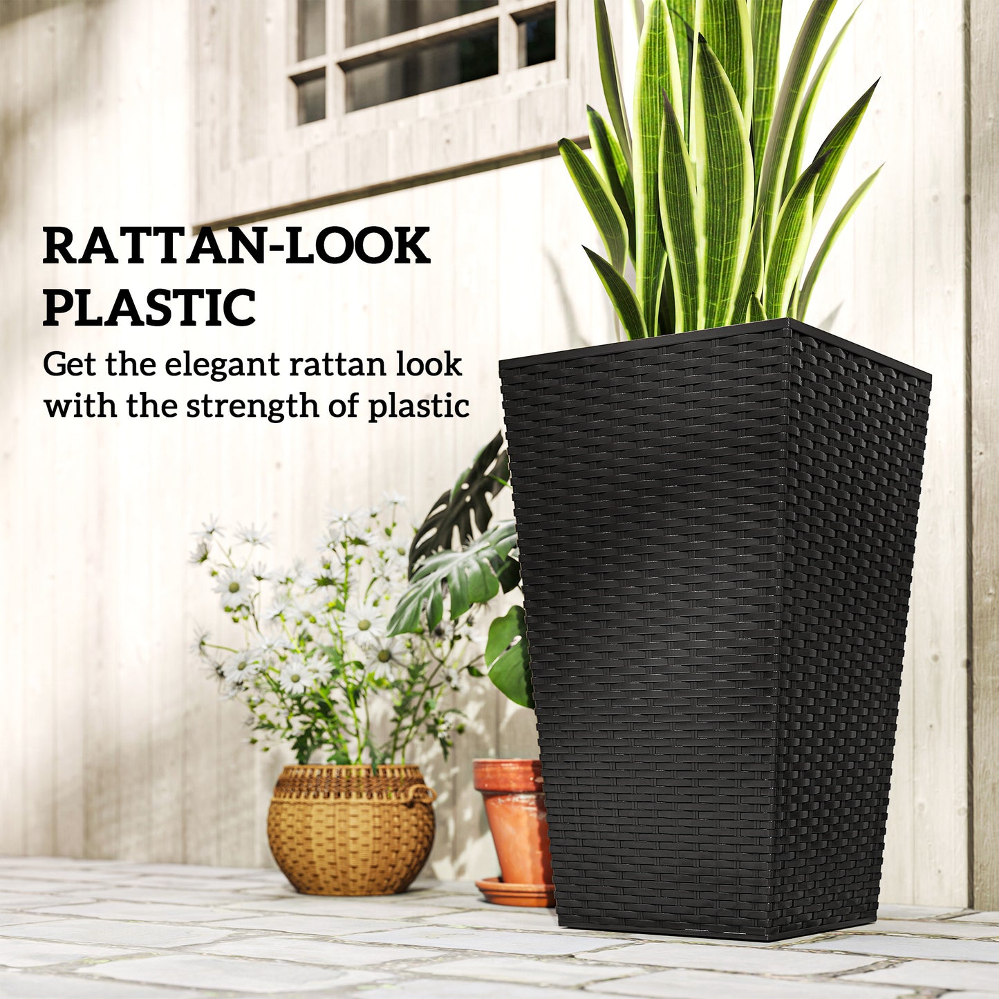 Set of 3 Tall Outdoor & Indoor Planters with Drainage Holes - Black, 24 Inches