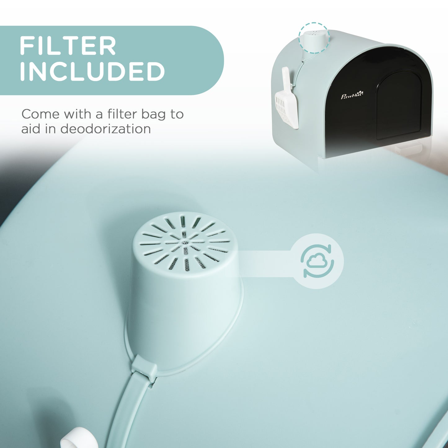 Enclosed Cat Litter Box with Lid, Drawer, Scoop & Mat - Green, 475x455x460 mm