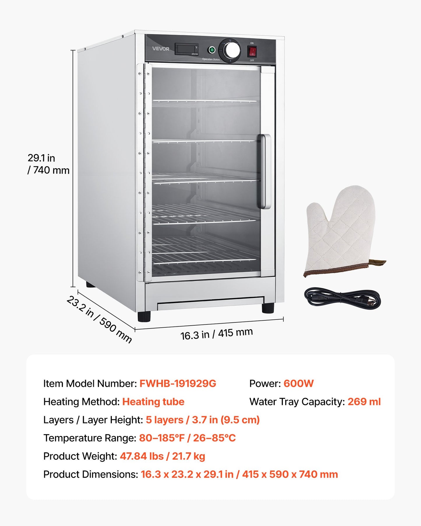 Electric Food Warmer Cabinet 5-Tier Stainless Steel Hot Box for Restaurant & Kitchen