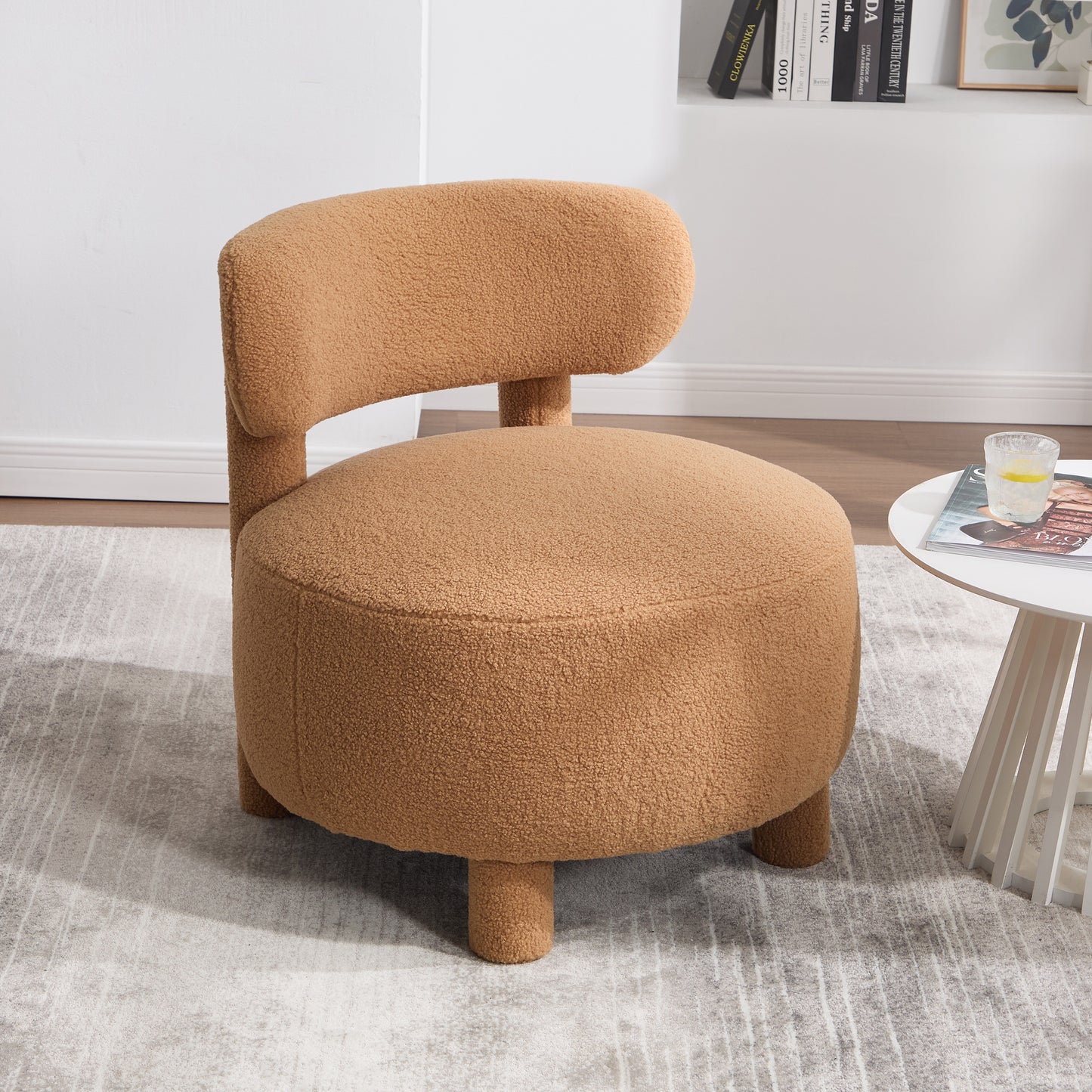 Teddy Fabric Armless Accent Chair with Curved Backrest - Khaki