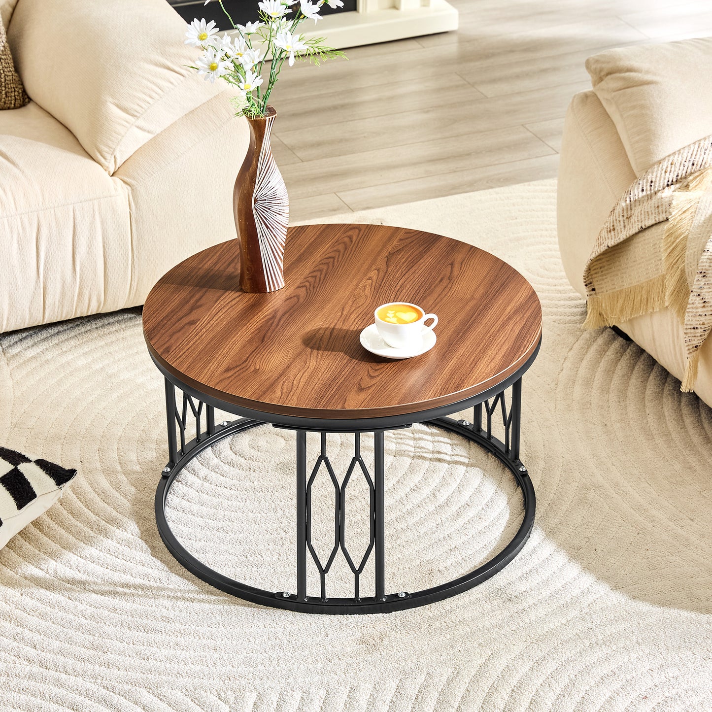 Walnut Round Coffee Table - 27.5" MDF Top, Metal Legs